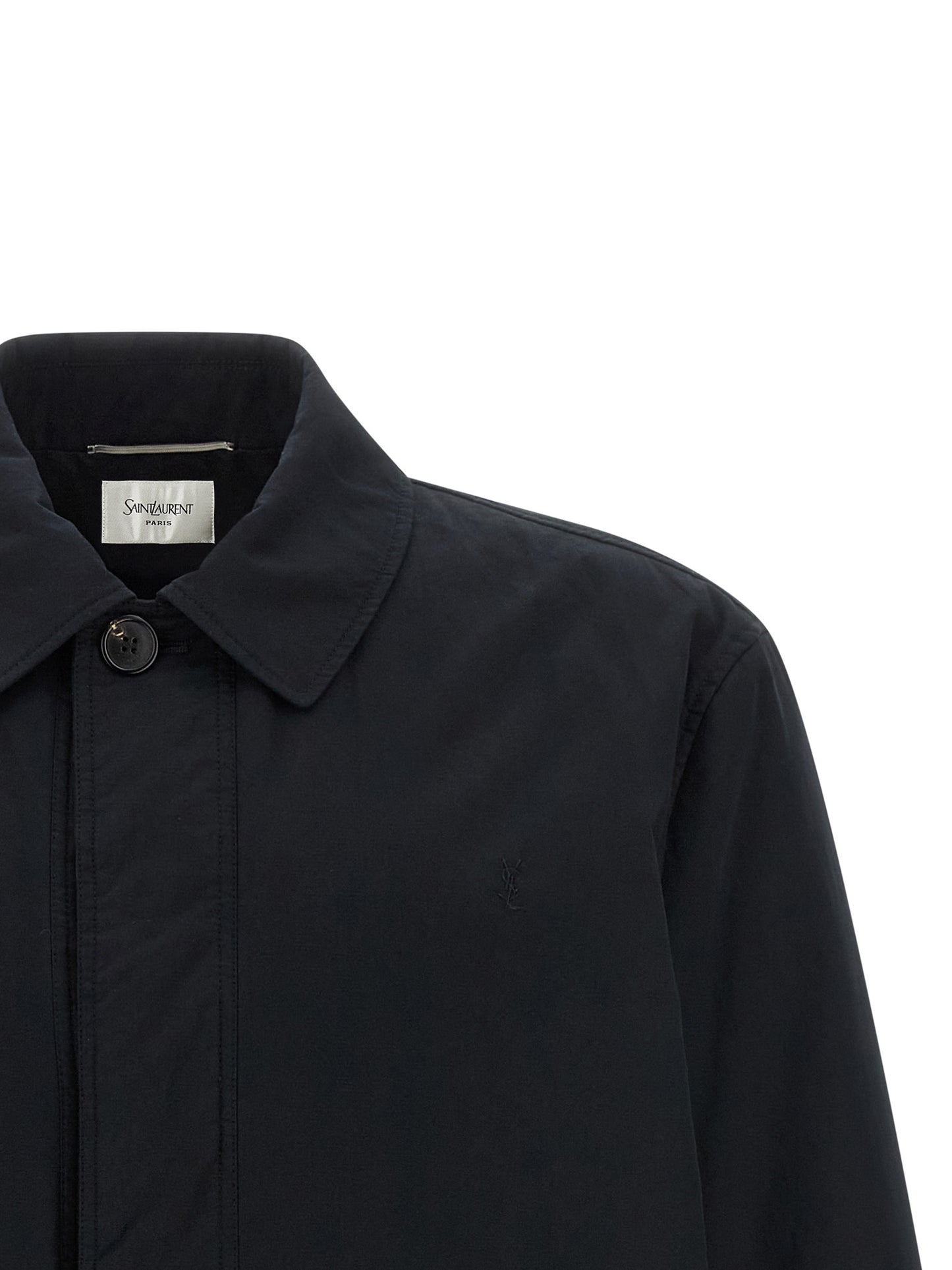 Windbreaker Jacket by Saint Laurent for men in cotton & silk black presents a resilient silhouette, artfully detailed with a sophisticated and functional pockets & windproof for a resilient finish.