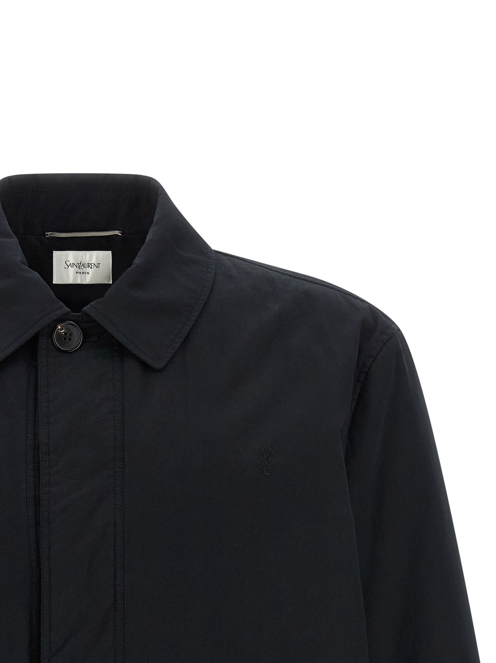 Windbreaker Jacket by Saint Laurent for men in cotton & silk black presents a resilient silhouette, artfully detailed with a sophisticated and functional pockets & windproof for a resilient finish.