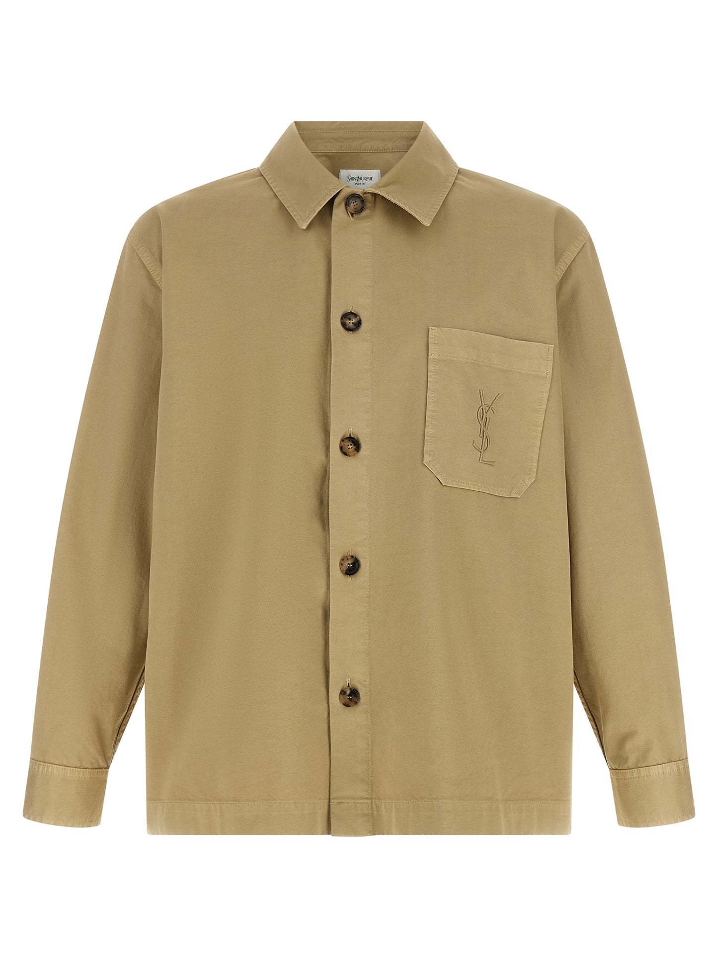 Overshirt by Saint Laurent for men in cotton beige & horn features an polished silhouette, showcasing a sophisticated and long-sleeve detail for a truly polished finish.