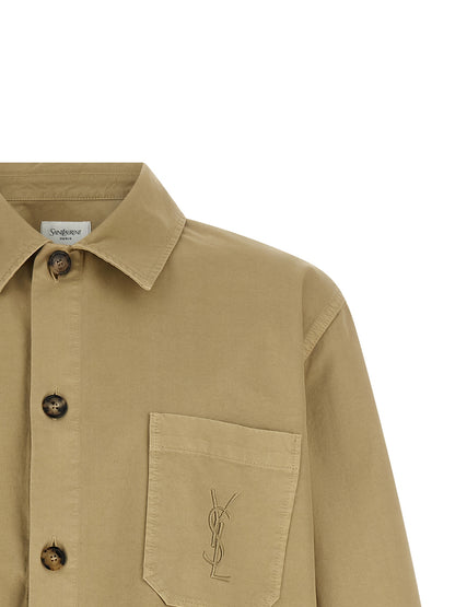 Overshirt by Saint Laurent for men in cotton beige & horn, featuring a nuanced and nuanced for a sophisticated finish.