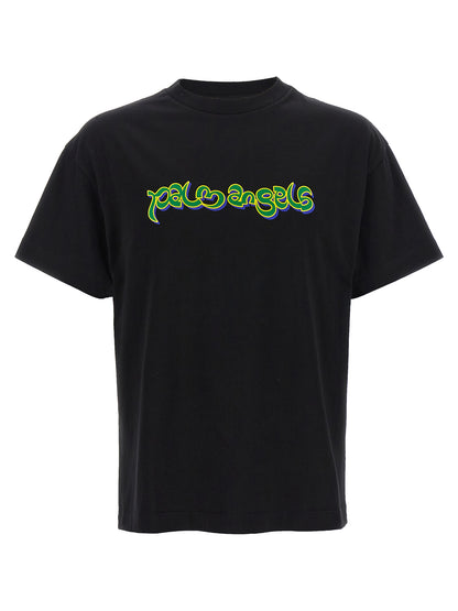 T-Shirt by Palm Angels for men in cotton black & print showcases a unassuming silhouette, artfully detailed with a refined crew neckline and unassuming short-sleeve for a sophisticated, contemporary look.