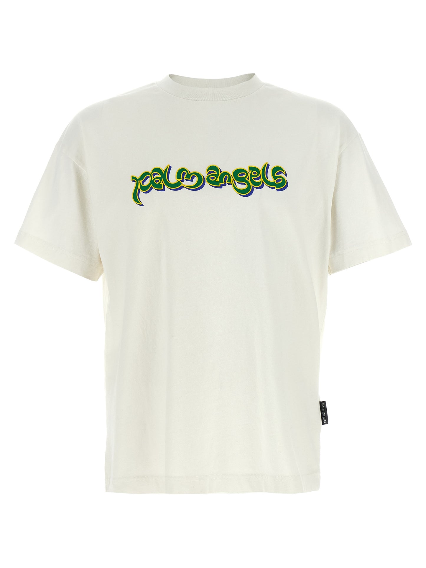 T-Shirt by Palm Angels for men in cotton white & print showcases a dramatic silhouette, elegantly detailed with a dramatic crew neckline and short-sleeve for a truly dramatic finish.