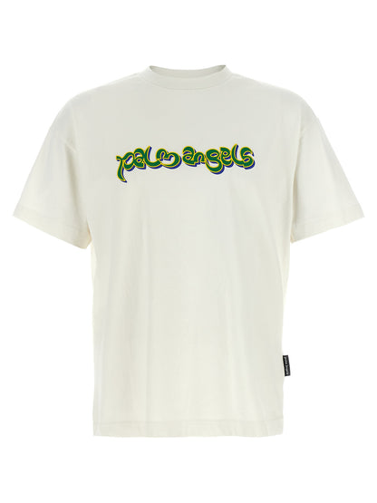 T-Shirt by Palm Angels for men in cotton white & print showcases a dramatic silhouette, elegantly detailed with a dramatic crew neckline and short-sleeve for a truly dramatic finish.