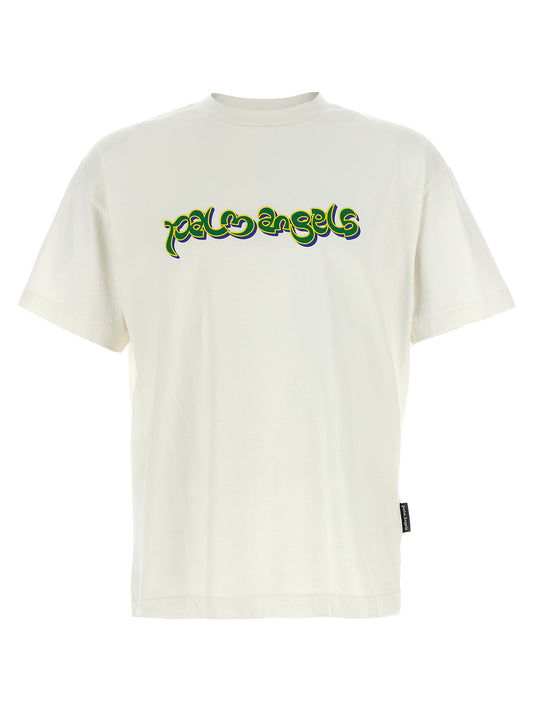 T-Shirt by Palm Angels for men in cotton white & print showcases a dramatic silhouette, elegantly detailed with a dramatic crew neckline and short-sleeve for a truly dramatic finish.