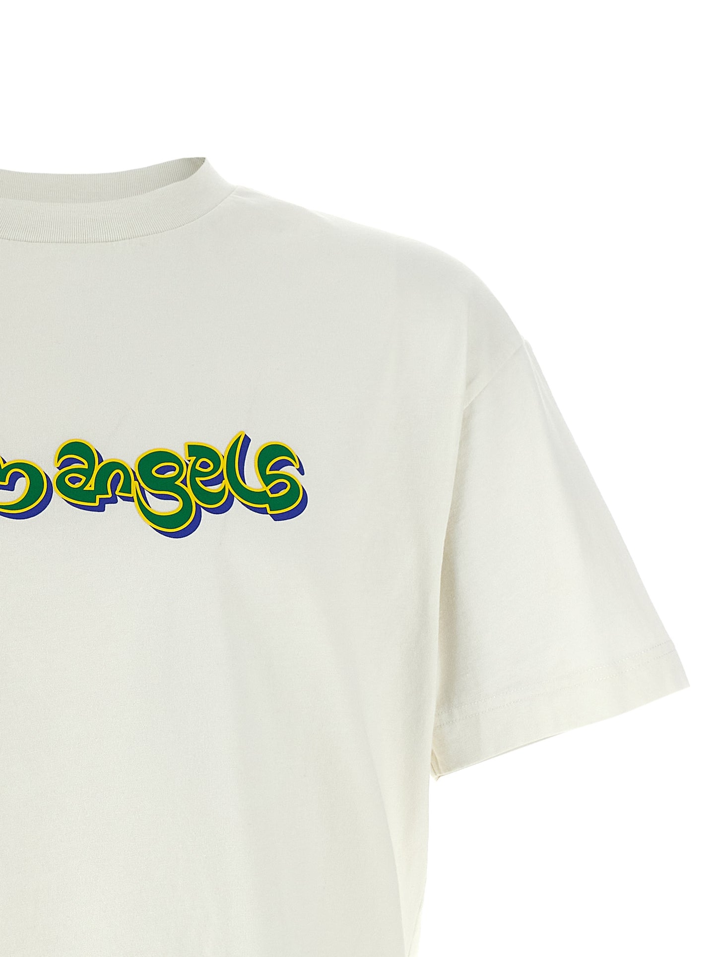 T-Shirt by Palm Angels for men in cotton white & print showcases a fashionable silhouette, elegantly detailed with a fashionable and crew neckline for a sophisticated, high-fashion look.