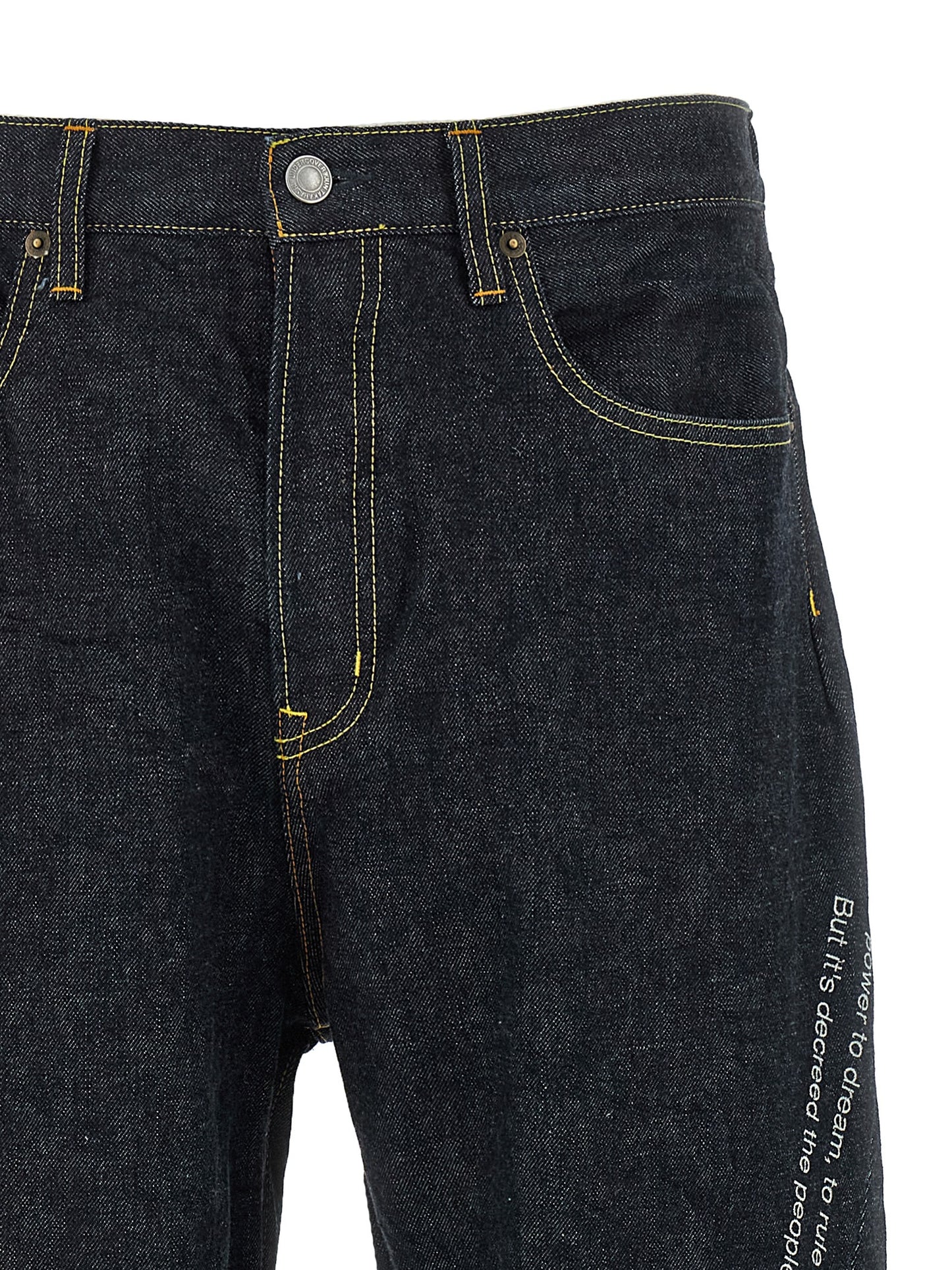 Jeans by Undercover for men in cotton denim blue presents a refined pantology silhouette, artfully defined by a refined pantology wide, long, and a sophisticated .