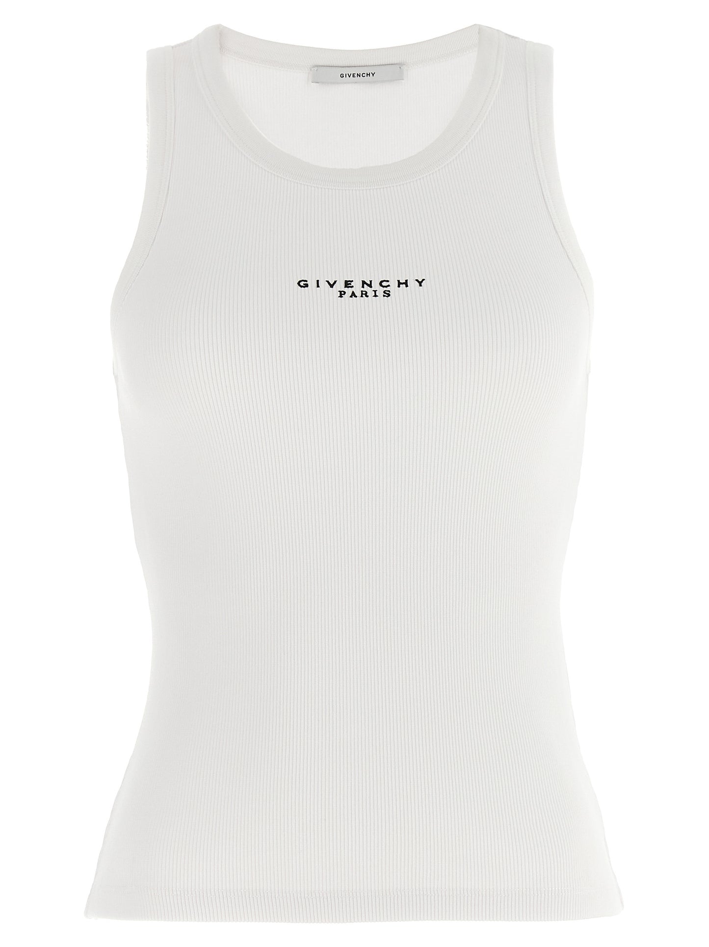 T-Shirt by Givenchy for women in stretch cotton white showcases a fashionable silhouette, elegantly detailed with a fashionable sleeveless and round neckline for a sophisticated, high-fashion look.