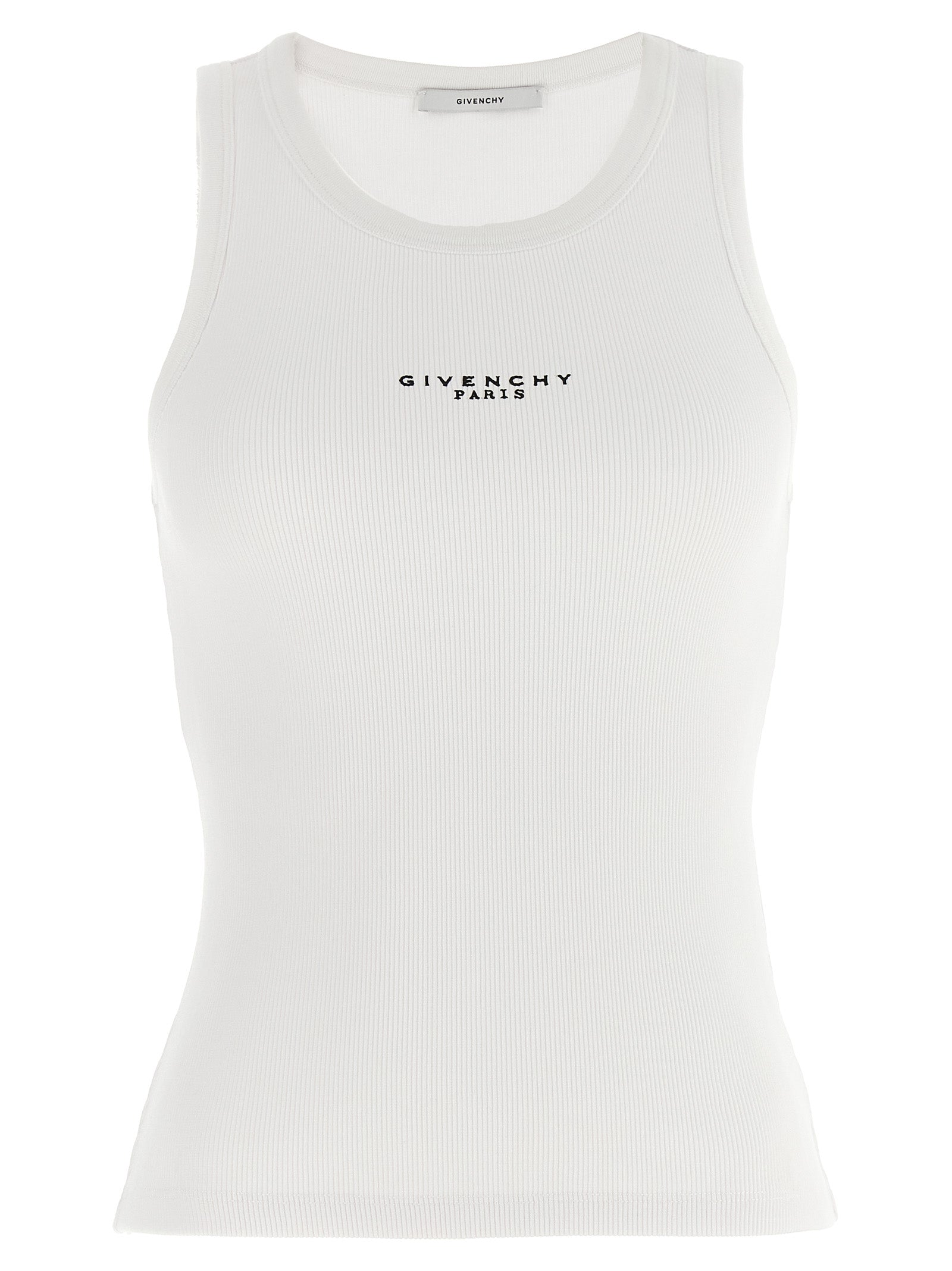 T-Shirt by Givenchy for women in stretch cotton white showcases a fashionable silhouette, elegantly detailed with a fashionable sleeveless and round neckline for a sophisticated, high-fashion look.