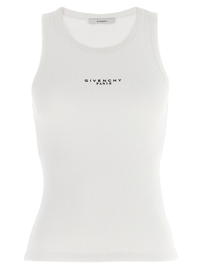 T-Shirt by Givenchy for women in stretch cotton white showcases a fashionable silhouette, elegantly detailed with a fashionable sleeveless and round neckline for a sophisticated, high-fashion look.