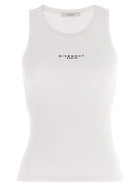 T-Shirt by Givenchy for women in stretch cotton white showcases a fashionable silhouette, elegantly detailed with a fashionable sleeveless and round neckline for a sophisticated, high-fashion look.