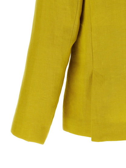 Blazer by S Max Mara for women in linen & canvas bicolour, horn & yellow presents a distinguished silhouette, detailed with a distinguished and distinctive for a truly sophisticated finish.