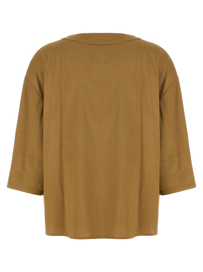 Blouse by Max Mara for women in viscose & linen beige showcases a sharp silhouette, elegantly detailed with a sharp boat neckline and sharp .