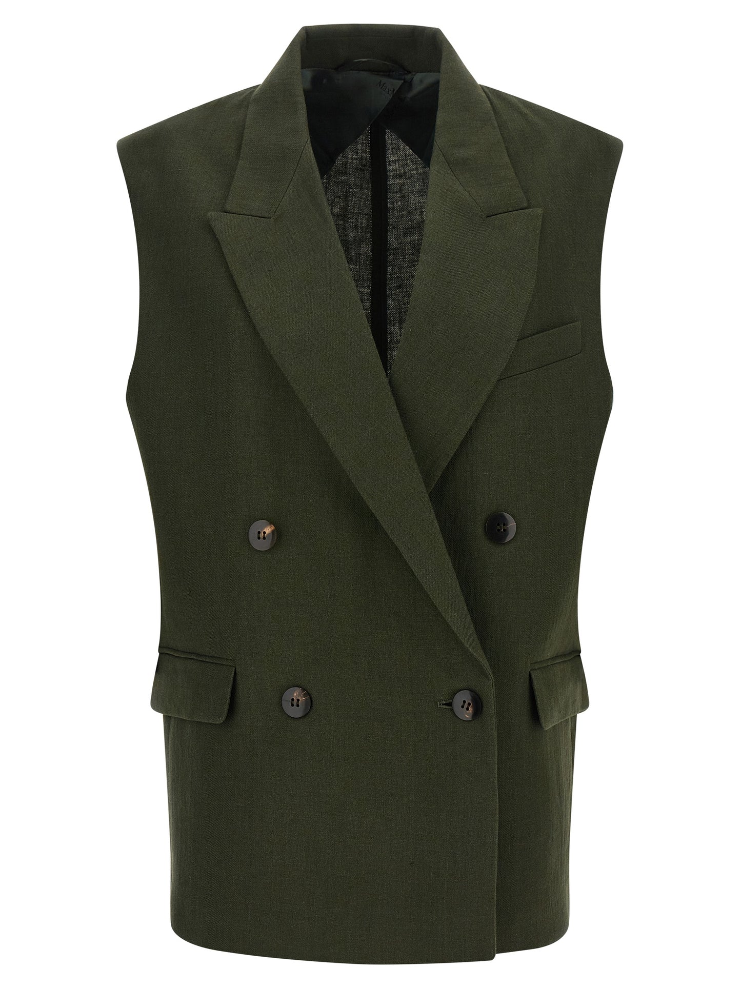Vest by Max Mara for women in viscose linen & cupro bicolour, green & horn showcases a utilitarian silhouette, artfully incorporating pockets and a utilitarian split neckline for a truly utilitarian finish.