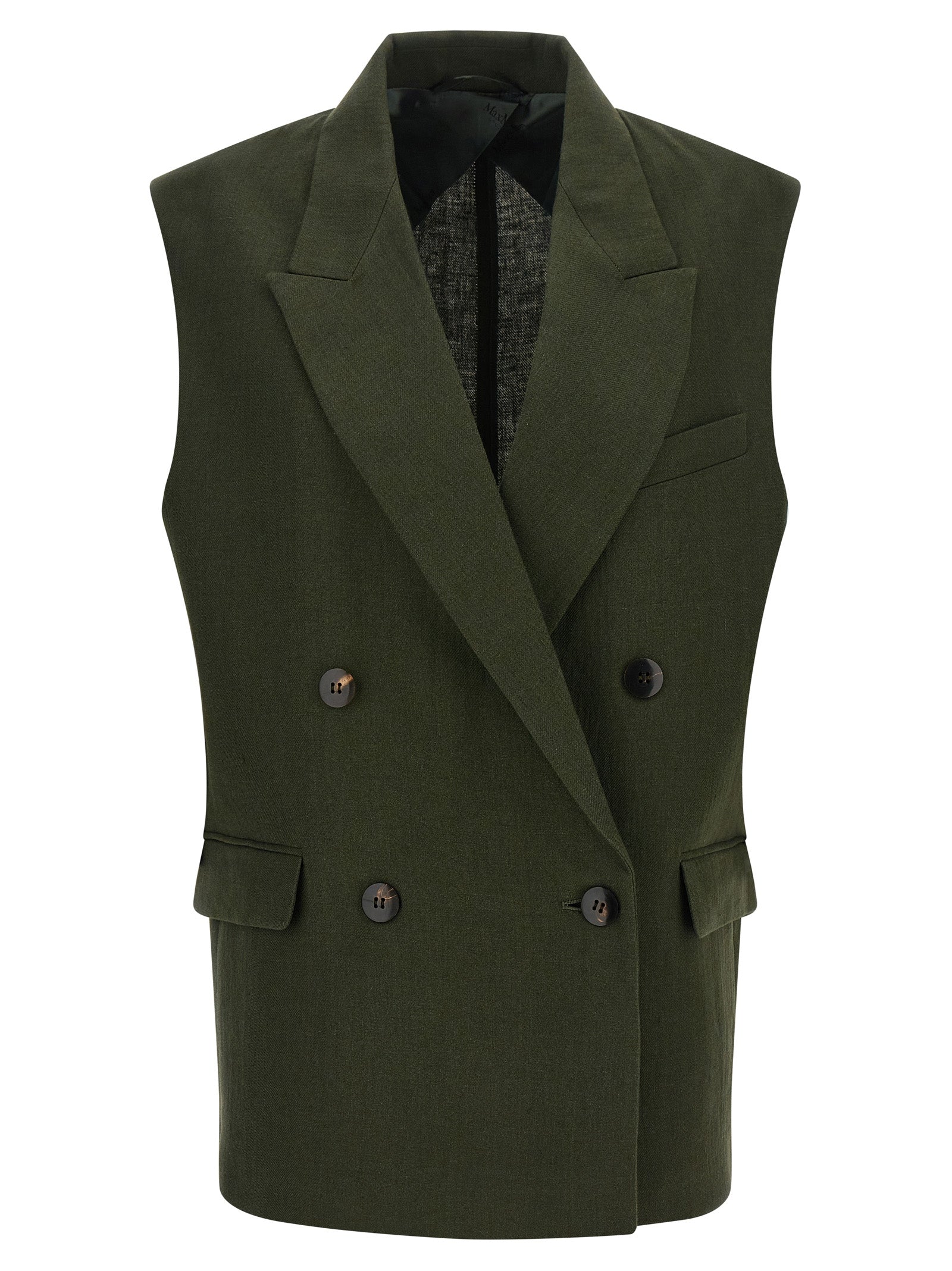 Vest by Max Mara for women in viscose linen & cupro bicolour, green & horn showcases a utilitarian silhouette, artfully incorporating pockets and a utilitarian split neckline for a truly utilitarian finish.