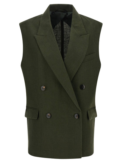 Vest by Max Mara for women in viscose linen & cupro bicolour, green & horn showcases a utilitarian silhouette, artfully incorporating pockets and a utilitarian split neckline for a truly utilitarian finish.