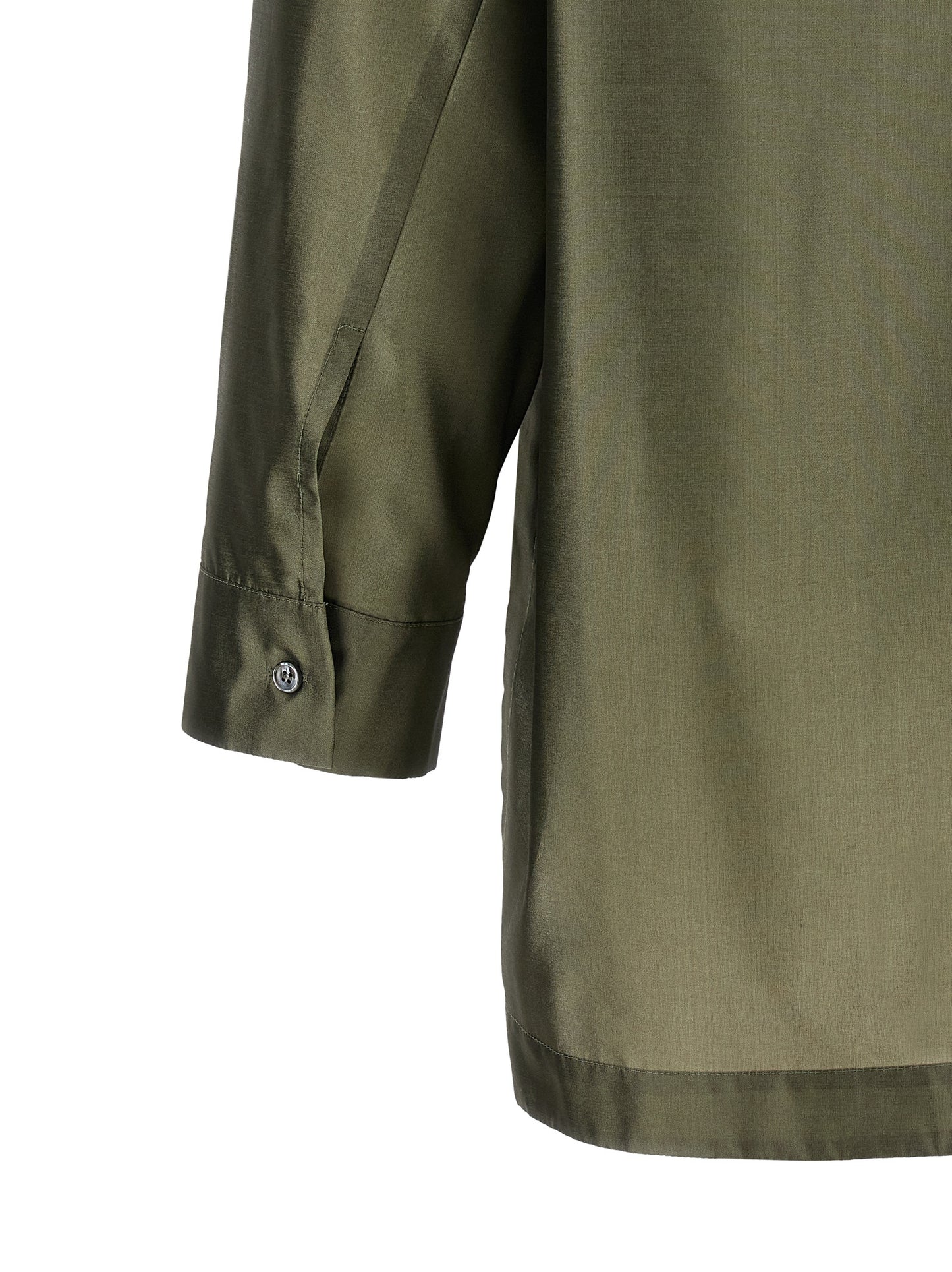 Blouse by S Max Mara for women in polyester & silk bicolour, green & pearl features an architectural silhouette with a refined and elegant mandarin neckline for a architectural look.