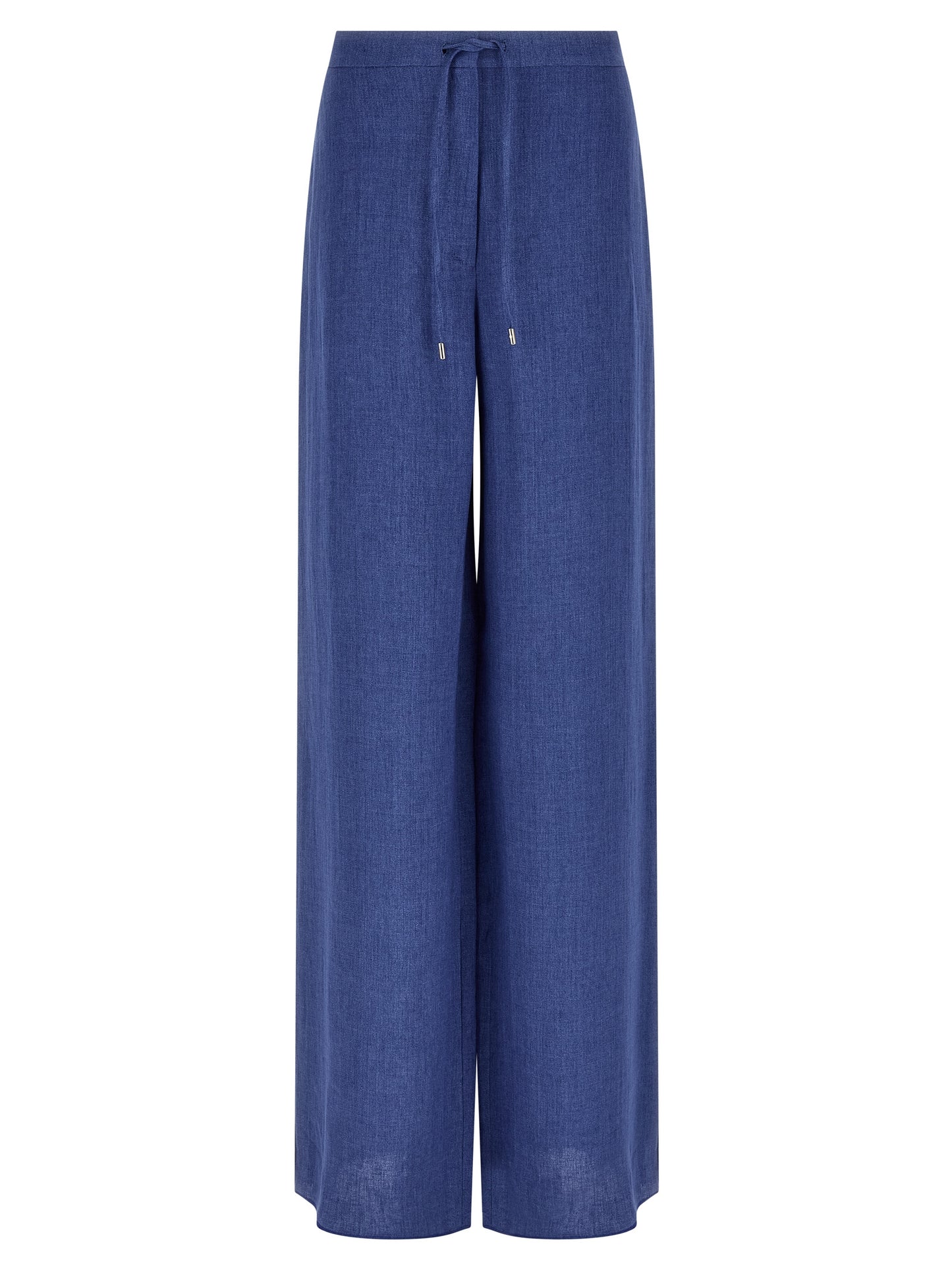 Trousers by Max Mara for women in linen blue presents a perennial silhouette, meticulously tailored with a straight-leg, relaxed-fit & wide cut, long finish, and an elegant .