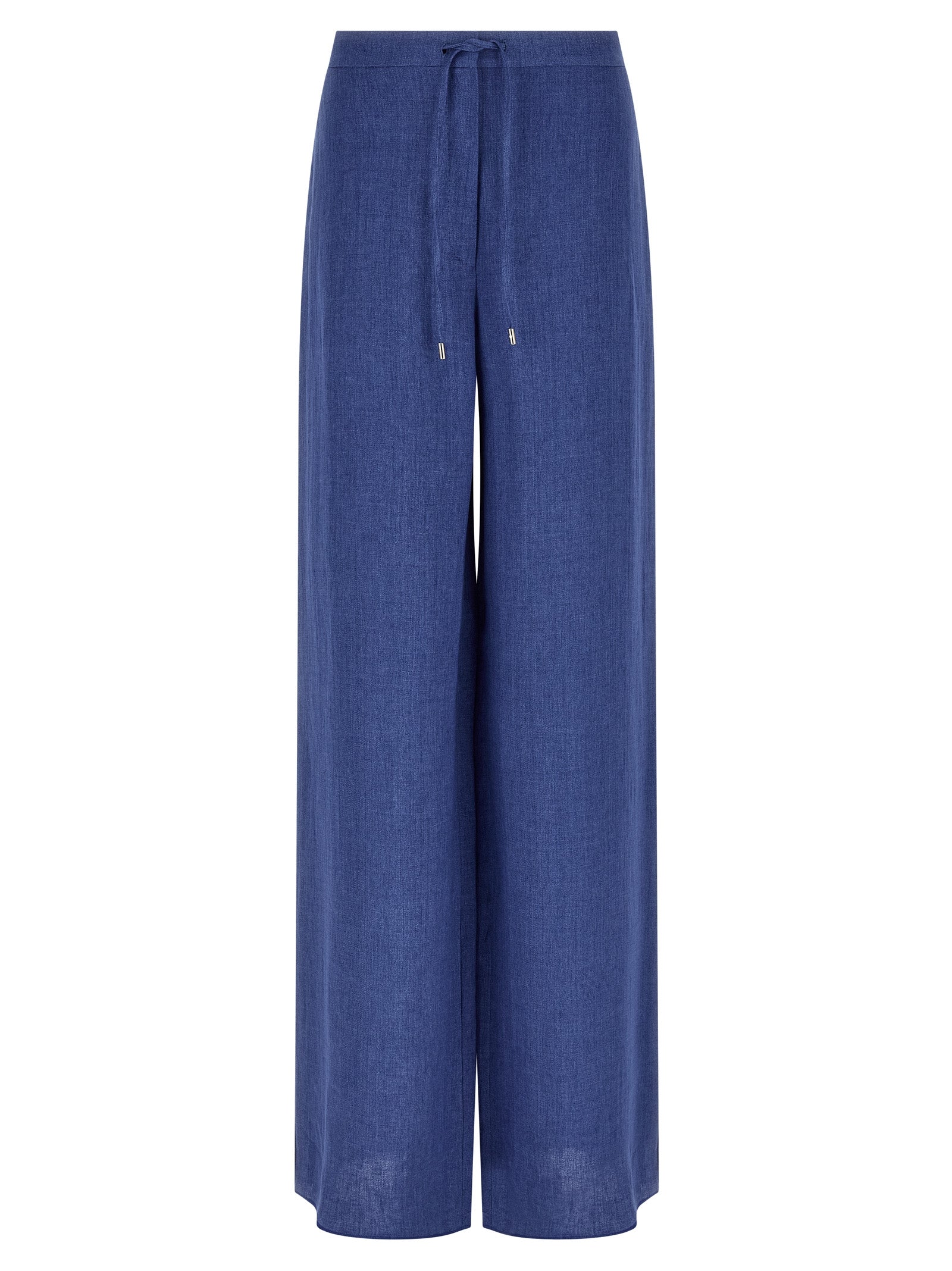 Trousers by Max Mara for women in linen blue presents a perennial silhouette, meticulously tailored with a straight-leg, relaxed-fit & wide cut, long finish, and an elegant .