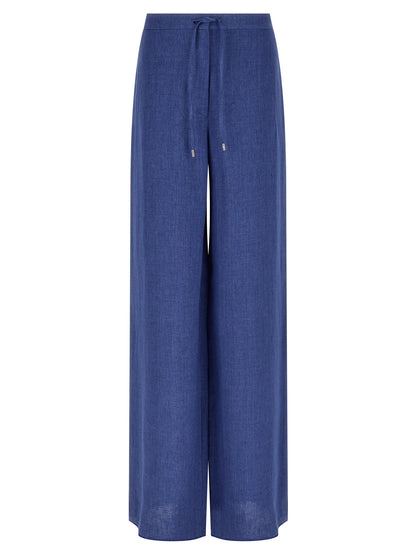 Trousers by Max Mara for women in linen blue presents a perennial silhouette, meticulously tailored with a straight-leg, relaxed-fit & wide cut, long finish, and an elegant .