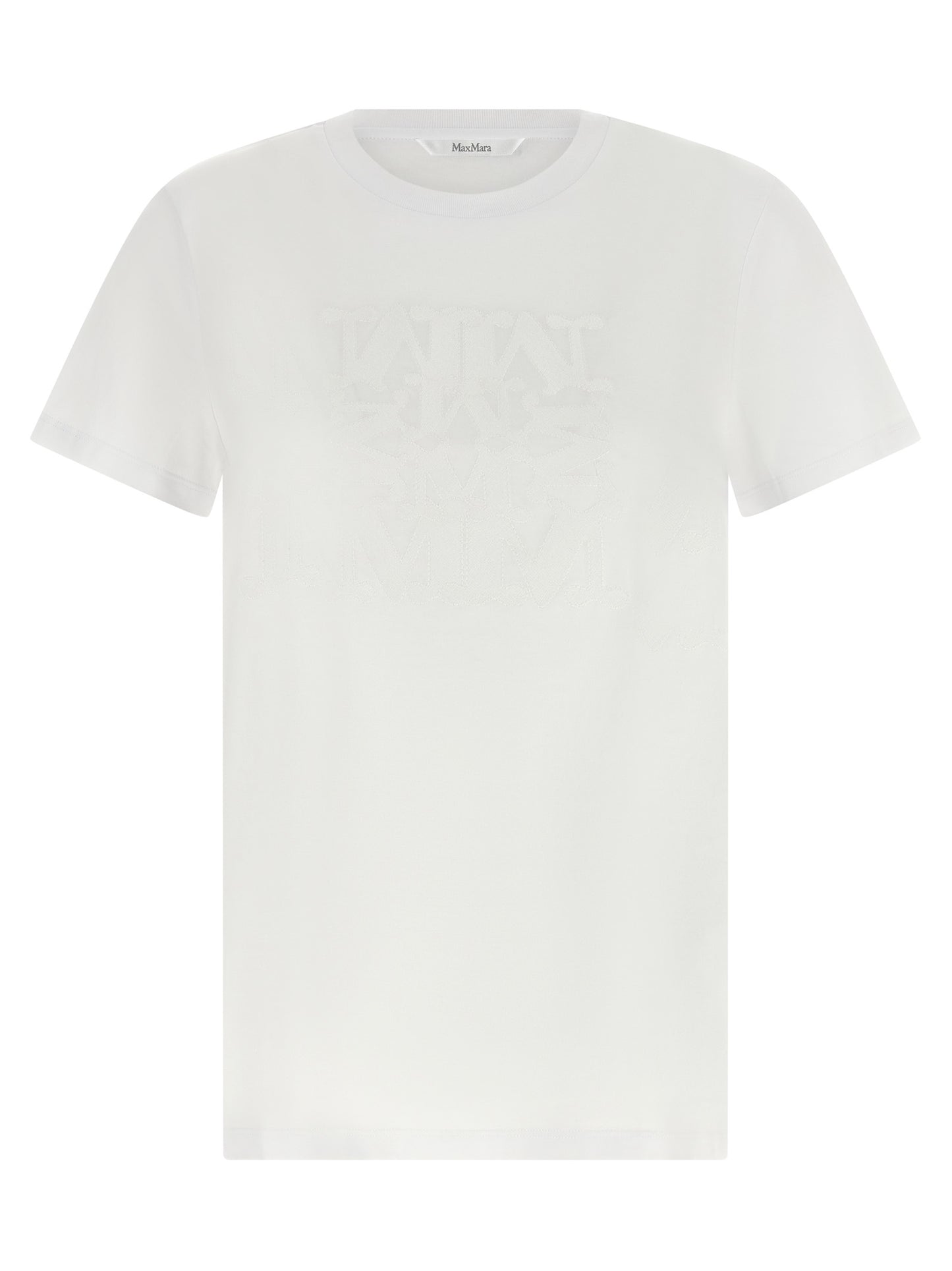 T-Shirt by Max Mara for women in cotton white showcases a fashionable silhouette, elegantly detailed with a fashionable short-sleeve and crew neckline for a sophisticated, high-fashion look.