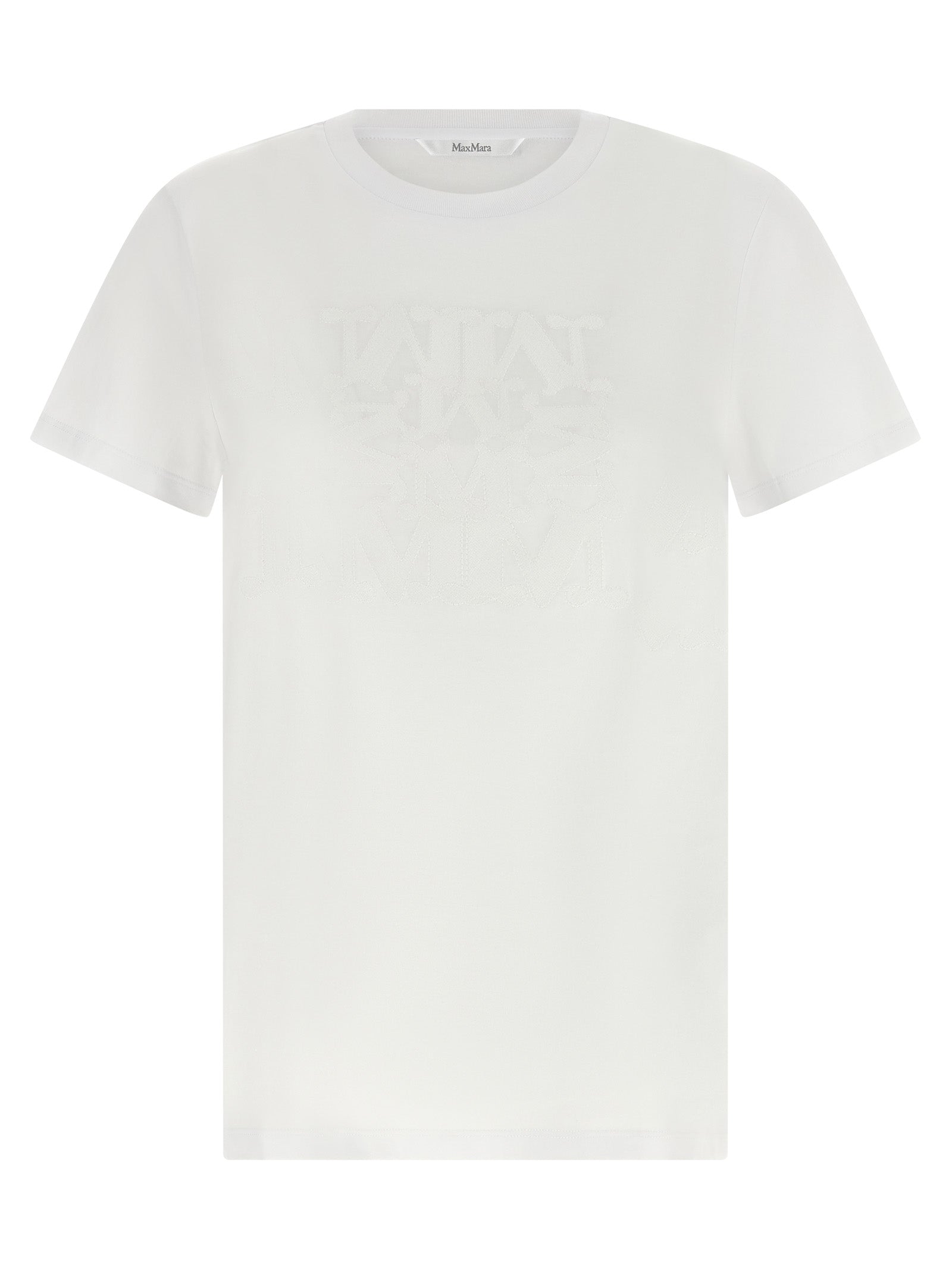 T-Shirt by Max Mara for women in cotton white showcases a fashionable silhouette, elegantly detailed with a fashionable short-sleeve and crew neckline for a sophisticated, high-fashion look.