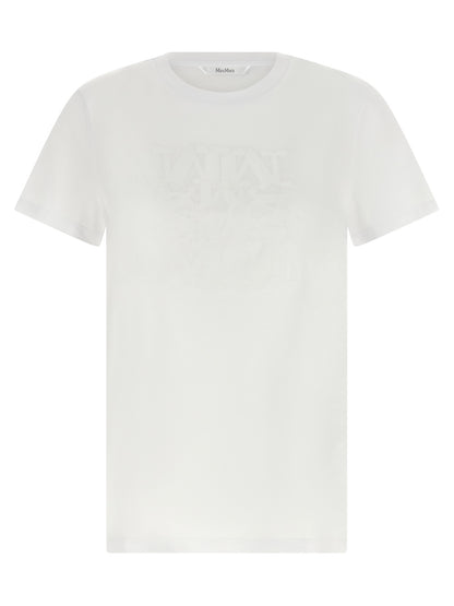 T-Shirt by Max Mara for women in cotton white showcases a fashionable silhouette, elegantly detailed with a fashionable short-sleeve and crew neckline for a sophisticated, high-fashion look.