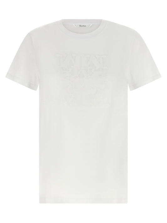 T-Shirt by Max Mara for women in cotton white showcases a fashionable silhouette, elegantly detailed with a fashionable short-sleeve and crew neckline for a sophisticated, high-fashion look.