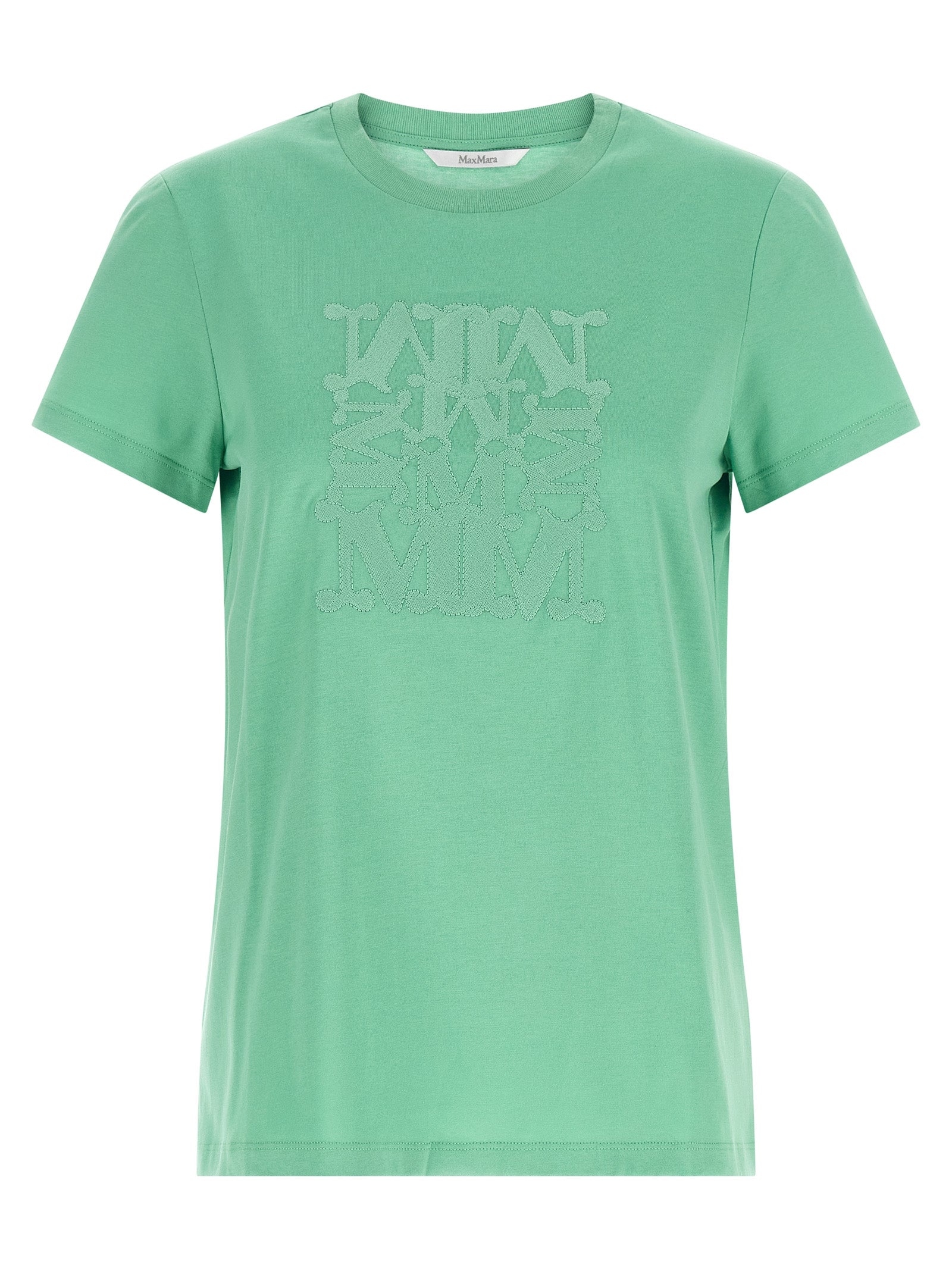 T-Shirt by Max Mara for women in cotton bicolour & green showcases a chic silhouette, artfully detailed with a chic crew neckline and short-sleeve for a chic finish.