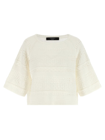 Cardigan by Max Mara for women in cotton white features a dramatic silhouette, showcasing a sophisticated crew neckline and dramatic detail for a timeless, premium look.