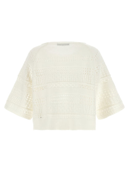 Cardigan by Max Mara for women in cotton white features a nuanced silhouette with a refined crew neckline and nuanced detailing for a sophisticated look.