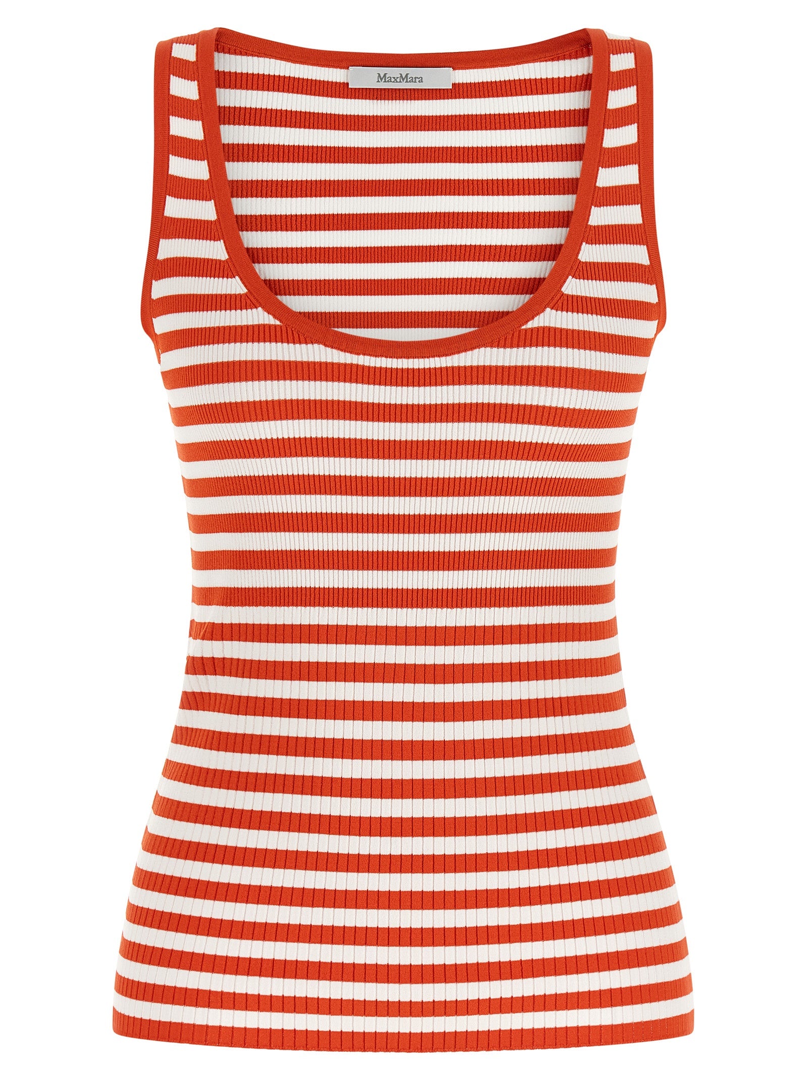 T-Shirt by Max Mara for women in nylon polyester & viscose multicolor, red, patterned & striped showcases a fashionable silhouette, elegantly detailed with a fashionable sleeveless and round neckline for a sophisticated, high-fashion look.
