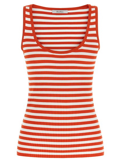 T-Shirt by Max Mara for women in nylon polyester & viscose multicolor, red, patterned & striped showcases a fashionable silhouette, elegantly detailed with a fashionable sleeveless and round neckline for a sophisticated, high-fashion look.