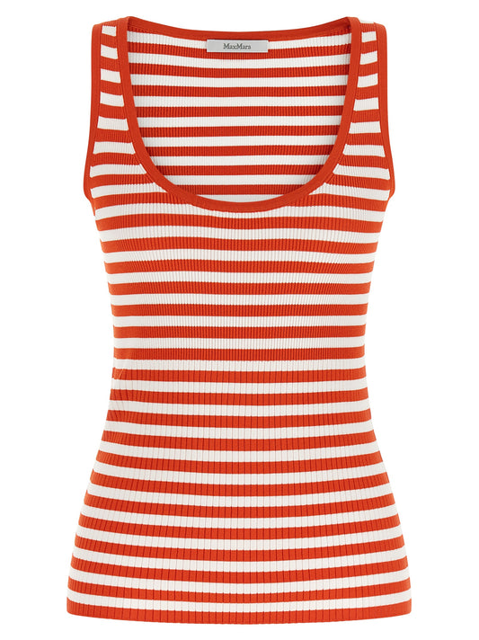 T-Shirt by Max Mara for women in nylon polyester & viscose multicolor, red, patterned & striped showcases a fashionable silhouette, elegantly detailed with a fashionable sleeveless and round neckline for a sophisticated, high-fashion look.