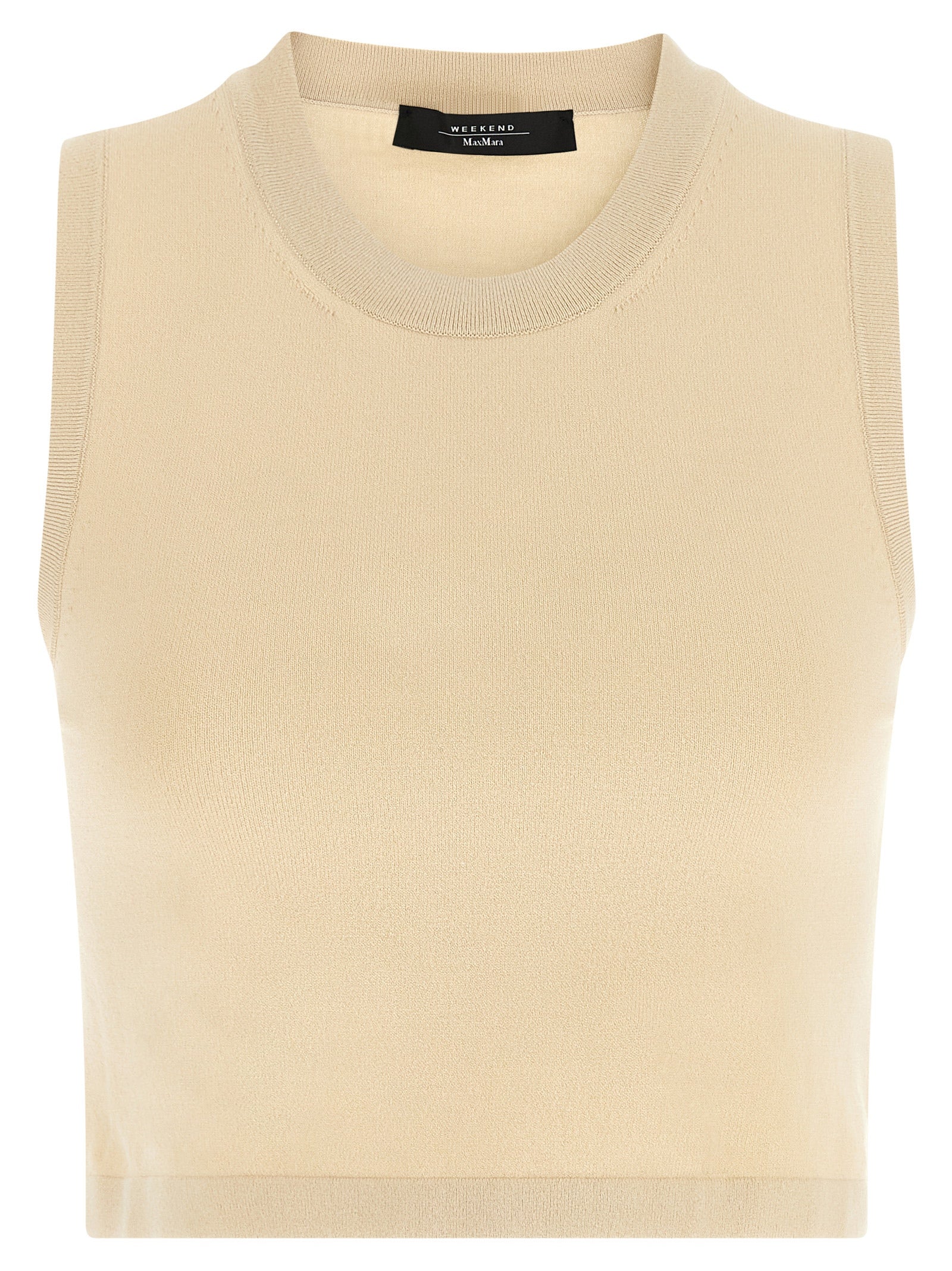 T-Shirt by Max Mara for women in polyester & viscose beige showcases a unassuming silhouette, artfully detailed with a refined crew neckline and unassuming sleeveless for a sophisticated, contemporary look.