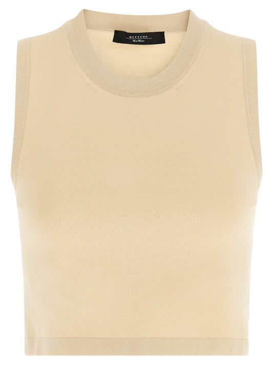 T-Shirt by Max Mara for women in polyester & viscose beige showcases a unassuming silhouette, artfully detailed with a refined crew neckline and unassuming sleeveless for a sophisticated, contemporary look.