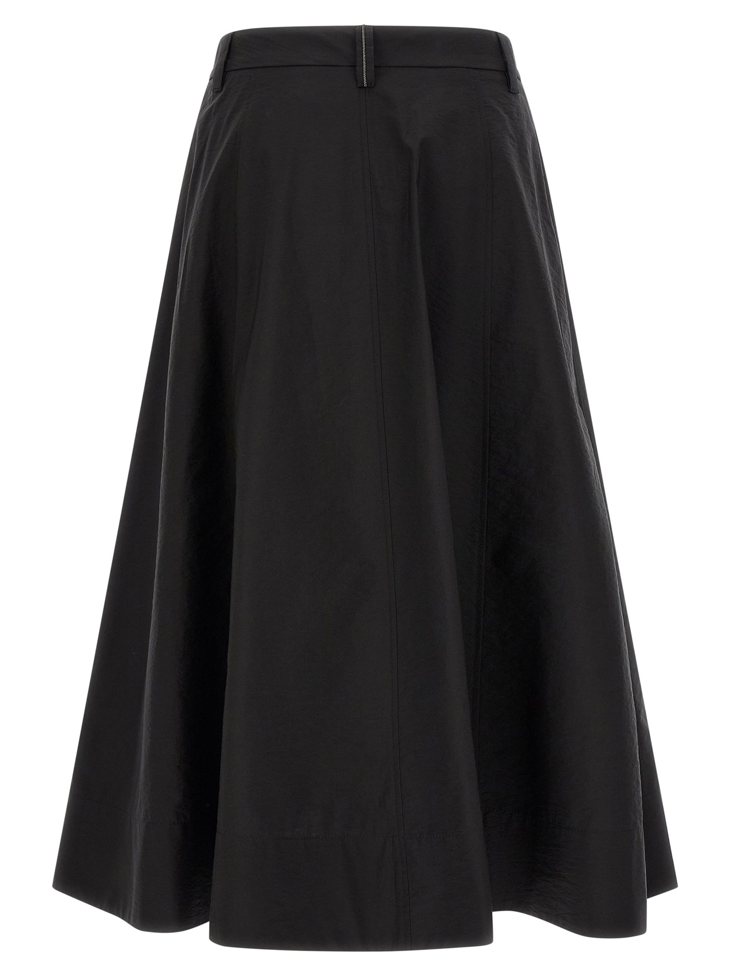 Skirt by Brunello Cucinelli for women in polyamide cotton silk black & signature features an relaxed-yet-refined silhouette that elegantly showcases the Monile Women's Tailored Flared Polyamide Cotton Silk Midi Skirt design and sophisticated midi.