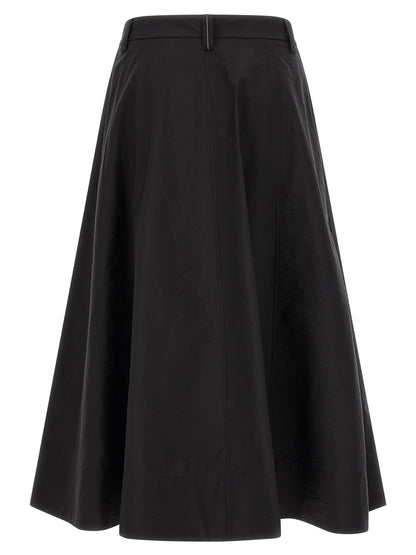 Skirt by Brunello Cucinelli for women in polyamide cotton silk black & signature features an relaxed-yet-refined silhouette that elegantly showcases the Monile Women's Tailored Flared Polyamide Cotton Silk Midi Skirt design and sophisticated midi.