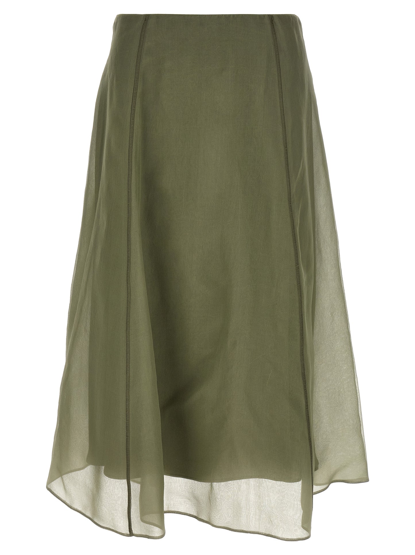 Skirt by Brunello Cucinelli for women in silk crepe bicolour & green features a sublime silhouette, showcasing the sublime design of the Women's Circle Flared Silk Crepe Skirt in a sophisticated midi.