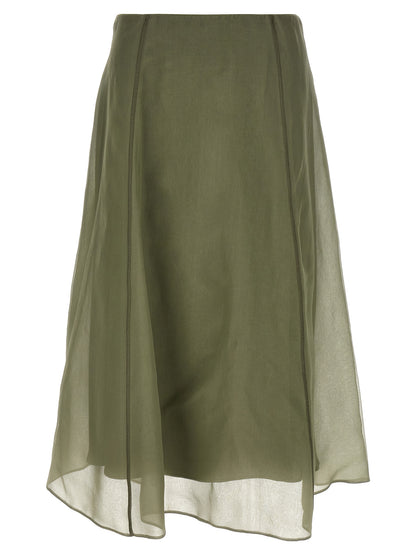 Skirt by Brunello Cucinelli for women in silk crepe bicolour & green features a sublime silhouette, showcasing the sublime design of the Women's Circle Flared Silk Crepe Skirt in a sophisticated midi.