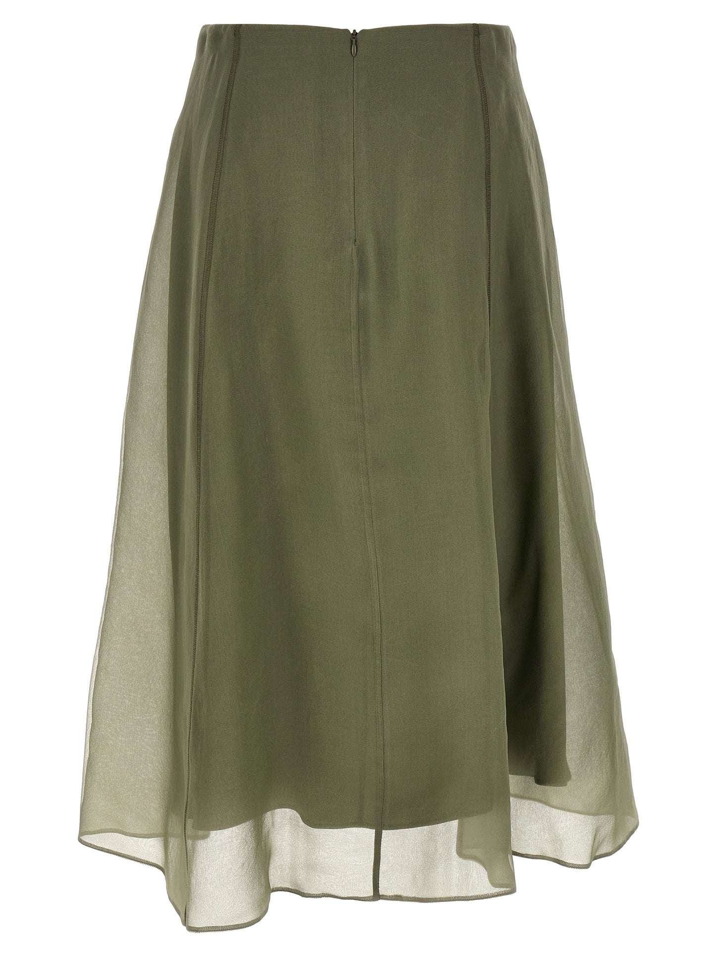 Skirt by Brunello Cucinelli for women in silk crepe bicolour & green features an tailored silhouette, artfully capturing the essence of Women's Circle Flared Silk Crepe Skirt in a sophisticated midi.