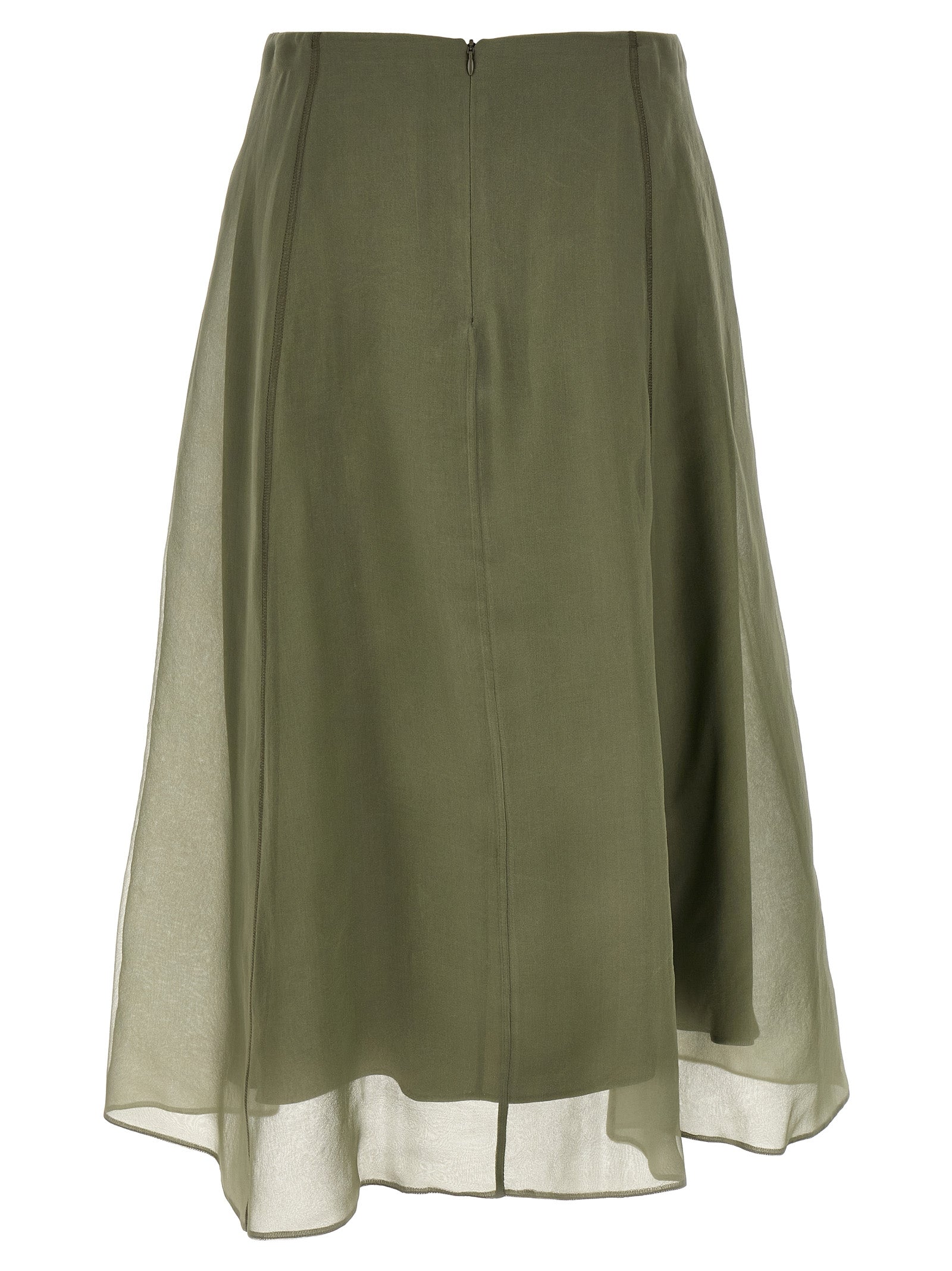 Skirt by Brunello Cucinelli for women in silk crepe bicolour & green features an tailored silhouette, artfully capturing the essence of Women's Circle Flared Silk Crepe Skirt in a sophisticated midi.