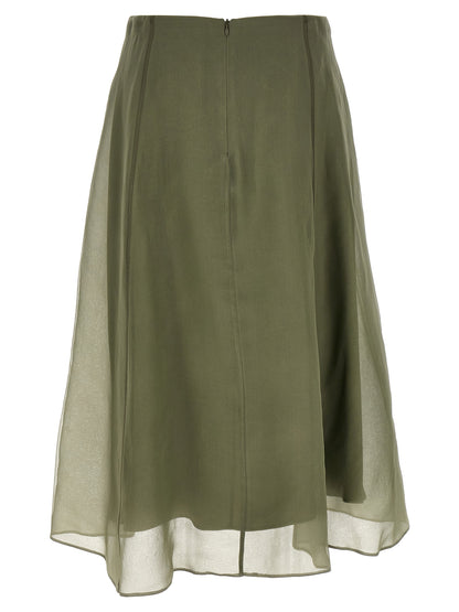 Skirt by Brunello Cucinelli for women in silk crepe bicolour & green features an tailored silhouette, artfully capturing the essence of Women's Circle Flared Silk Crepe Skirt in a sophisticated midi.