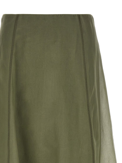 Skirt by Brunello Cucinelli for women in silk crepe bicolour & green features a captivating silhouette, showcasing the captivating Women's Circle Flared Silk Crepe Skirt design with a sophisticated midi for a captivating look.
