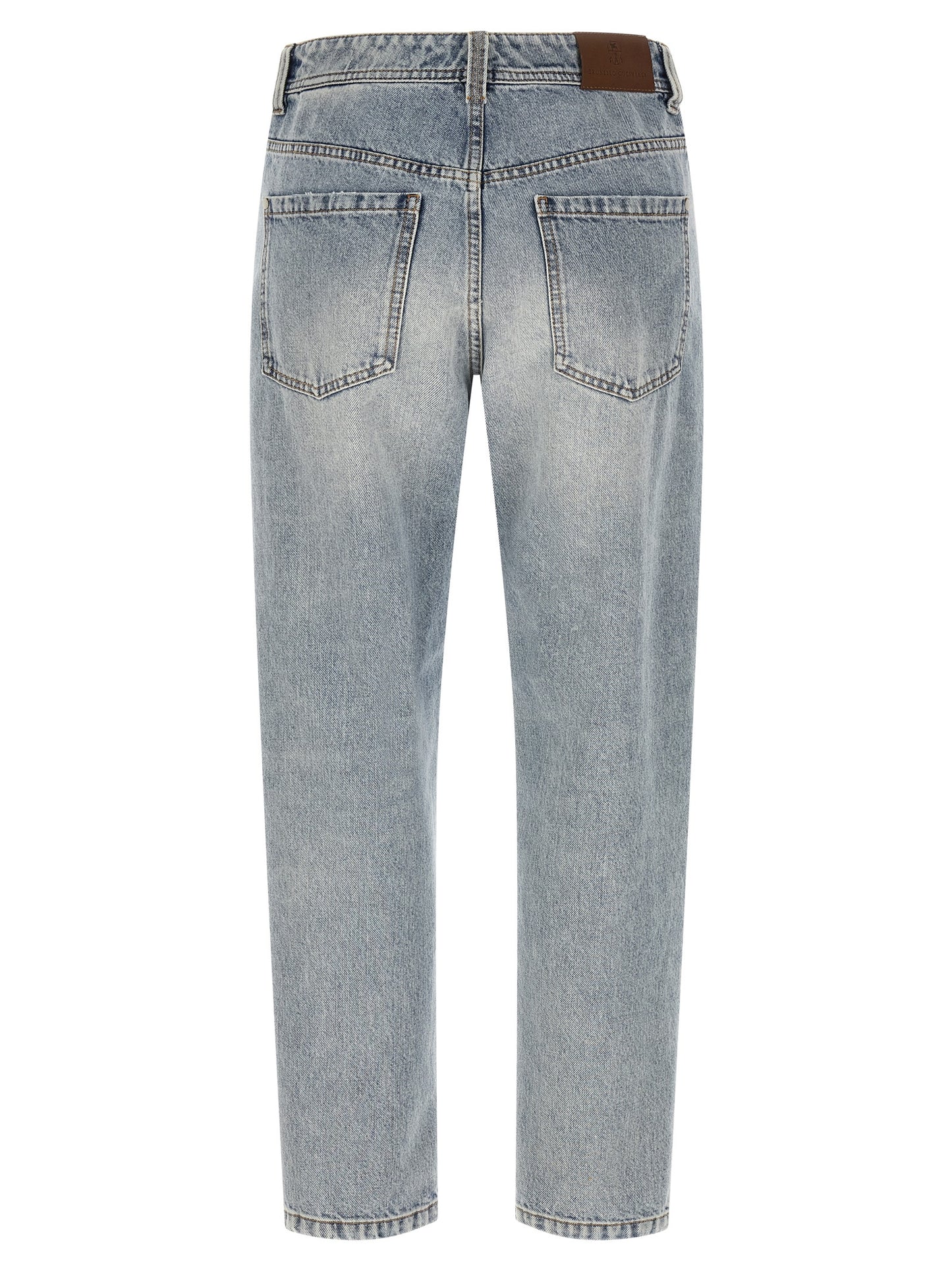 Jeans by Brunello Cucinelli for women in cotton denim light-blue presents a tailored silhouette, showcasing a tailored tapered-leg & wide and long cut with a refined mid rise for a truly tailored aesthetic.
