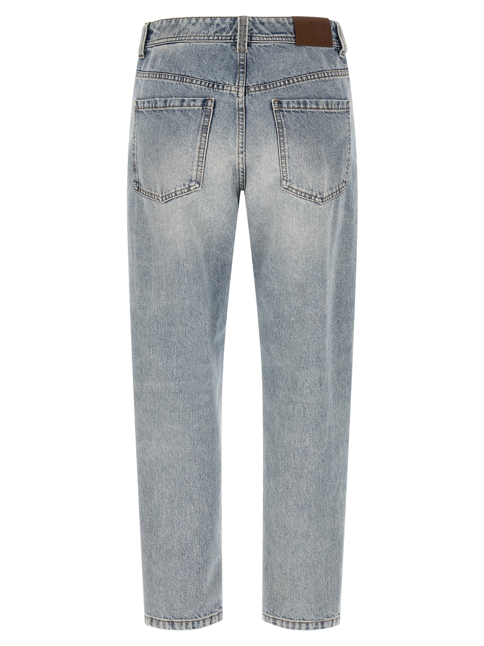 Jeans by Brunello Cucinelli for women in cotton denim light-blue presents a tailored silhouette, showcasing a tailored tapered-leg & wide and long cut with a refined mid rise for a truly tailored aesthetic.