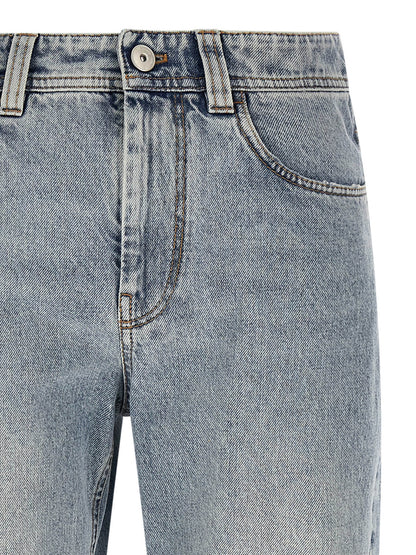 Jeans by Brunello Cucinelli for women in cotton denim light-blue features an sartorial tapered-leg & wide and long with a mid rise cut for a sartorial finish.