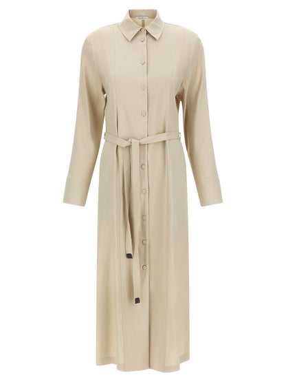 Dress by Max Mara for women in linen & viscose beige features a dramatic silhouette, showcasing an elegant split neckline and long-sleeve that flows into a dramatic long.