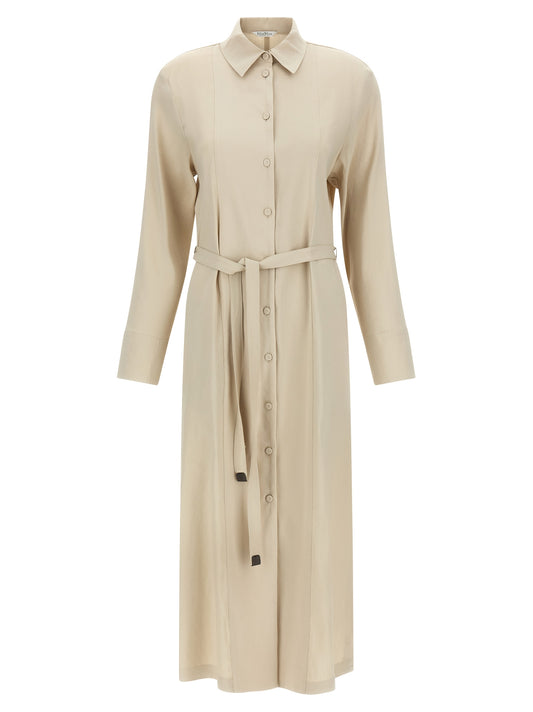 Dress by Max Mara for women in linen & viscose beige features a dramatic silhouette, showcasing an elegant split neckline and long-sleeve that flows into a dramatic long.