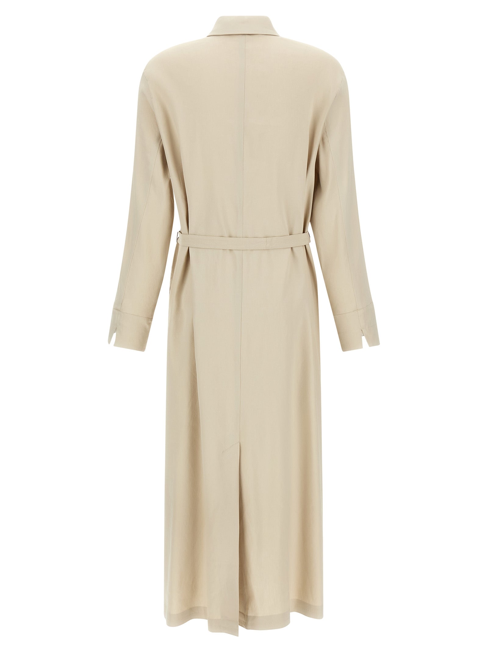 Dress by Max Mara for women in linen & viscose beige features an sultry silhouette defined by a split neckline and , falling to an sultry long for a sultry look.