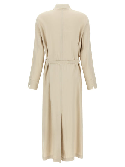 Dress by Max Mara for women in linen & viscose beige features an sultry silhouette defined by a split neckline and , falling to an sultry long for a sultry look.